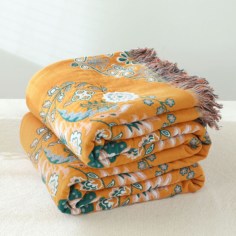 Bohemian Cotton Throw Blanket - Reversible Floral Design with Fringe