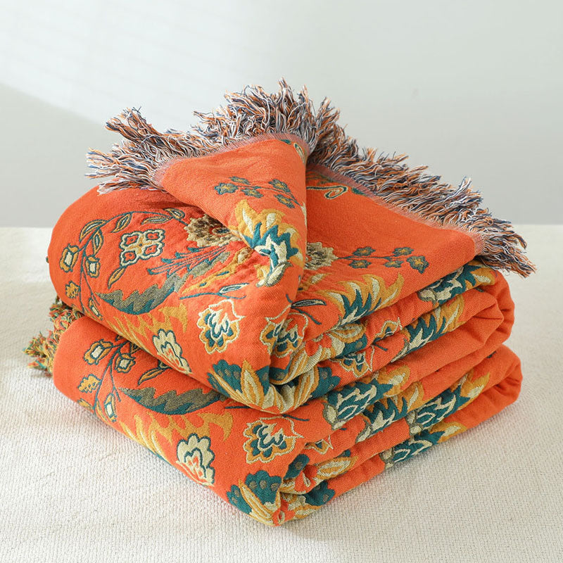 Bohemian Cotton Throw Blanket - Reversible Floral Design with Fringe