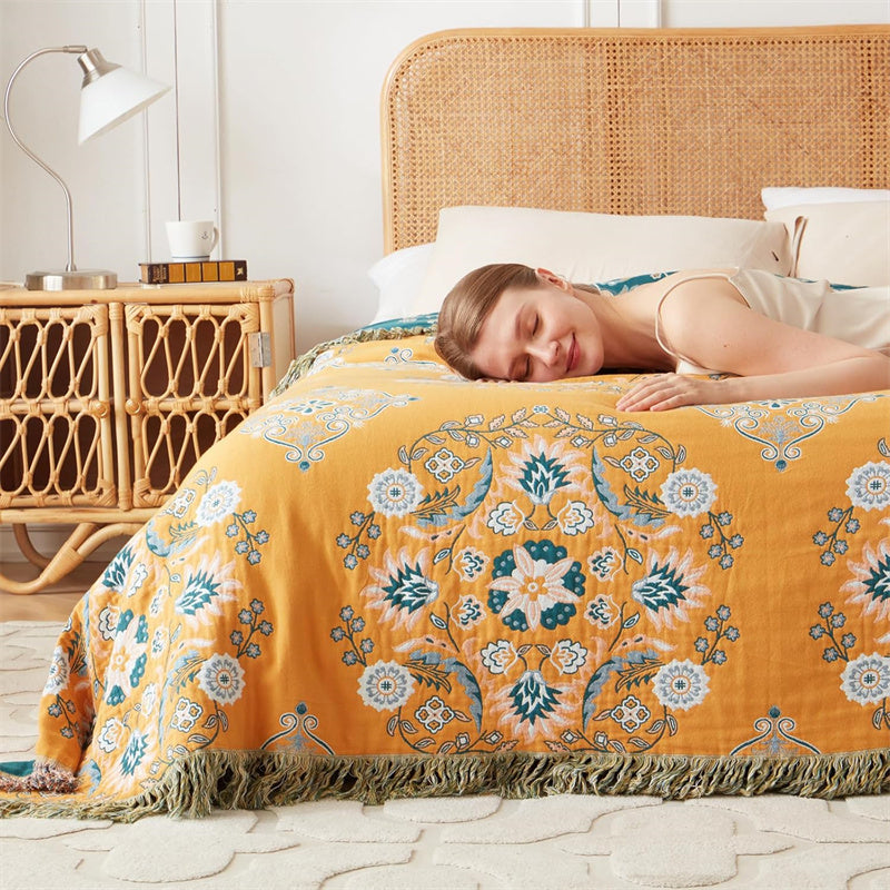 Bohemian Cotton Throw Blanket - Reversible Floral Design with Fringe