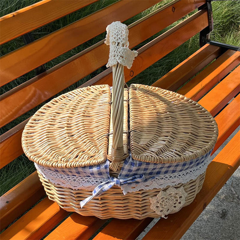 Wicker Picnic Basket with Lid and Handle