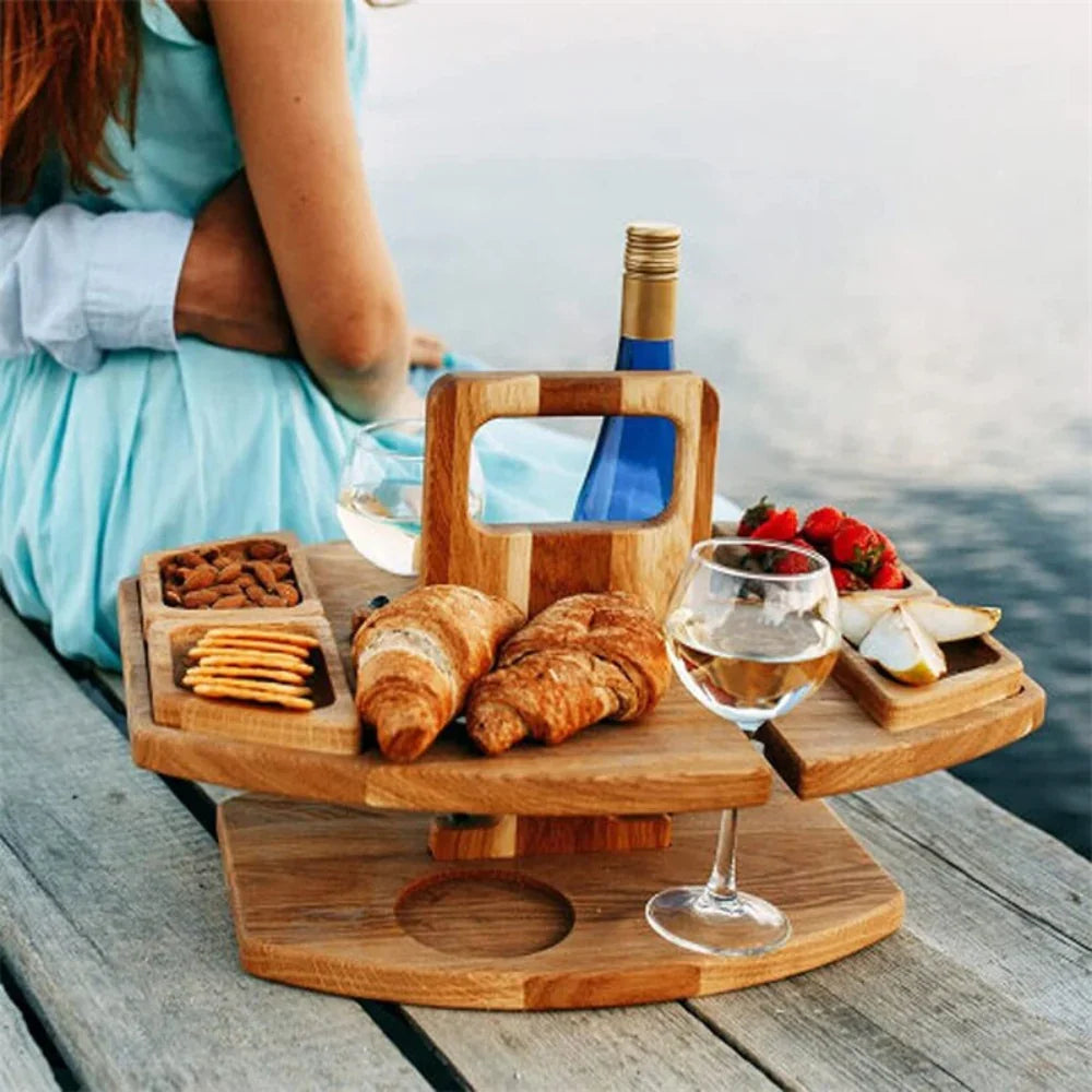 Wooden Picnic Table - Foldable Pine Wine and Snack Table