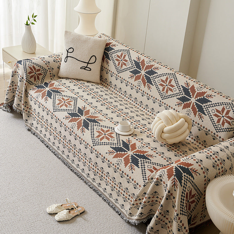 Boho Sofa Cover - Reversible Polyester Throw with Fringe