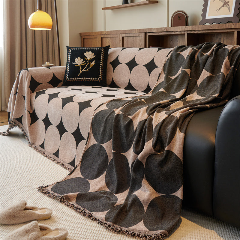 Reversible Chenille Sofa Cover - Geometric Fringed Throw