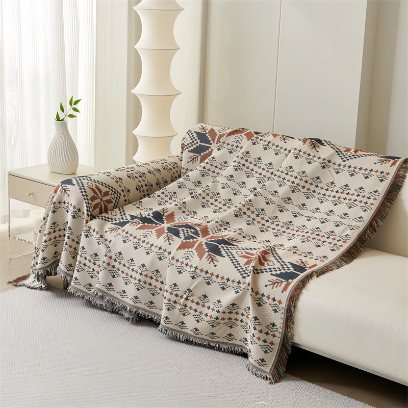 Boho Sofa Cover - Reversible Polyester Throw with Fringe