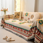 Boho Sofa Cover - Reversible Polyester Throw with Fringe