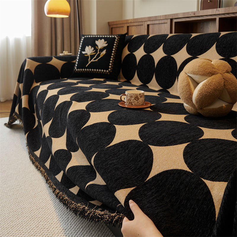 Reversible Chenille Sofa Cover - Geometric Fringed Throw