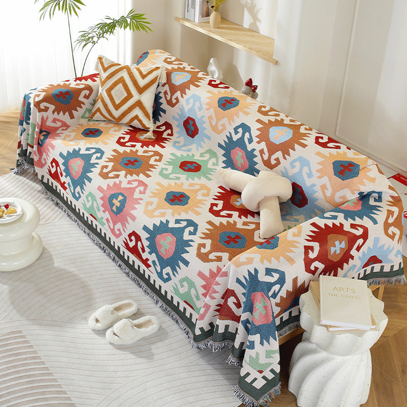 Boho Sofa Cover - Reversible Polyester Throw with Fringe