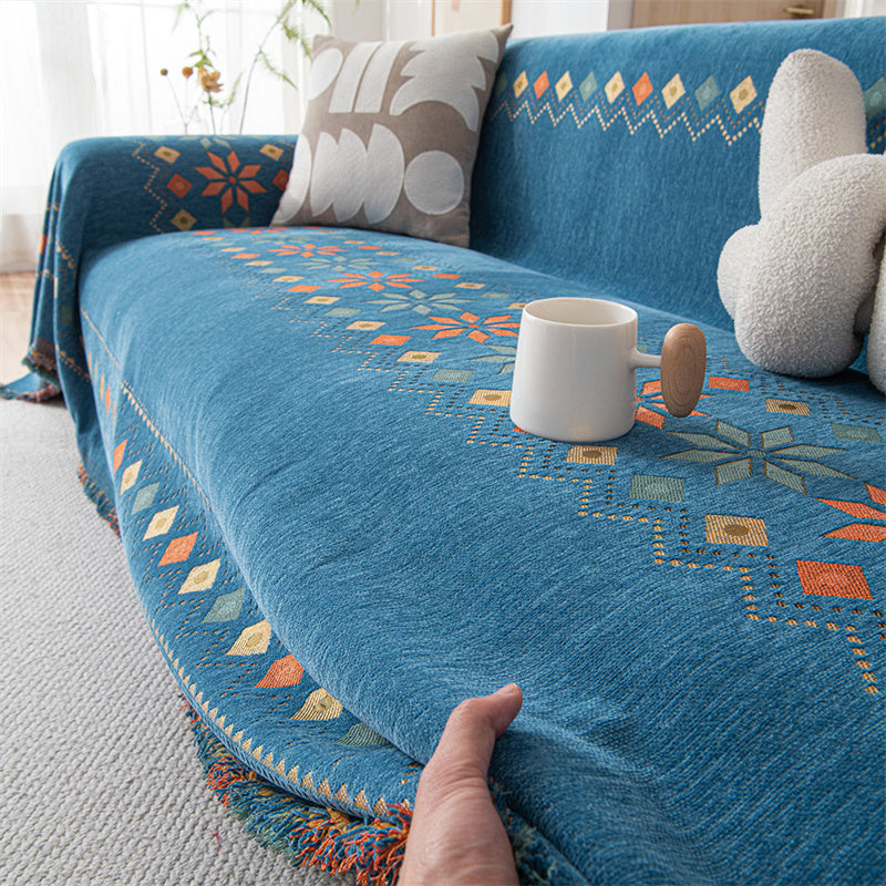 Reversible Chenille Sofa Cover - Boho Fringed Furniture Throw
