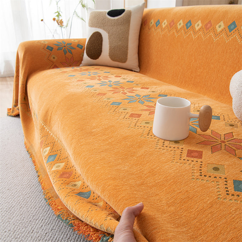 Reversible Chenille Sofa Cover - Boho Fringed Furniture Throw