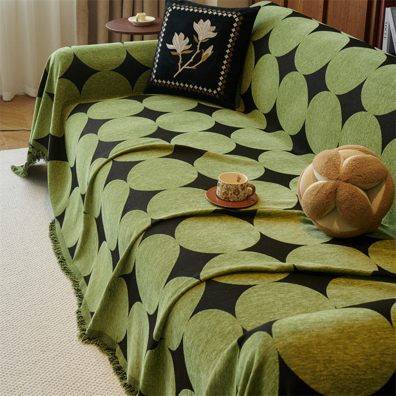 Reversible Chenille Sofa Cover - Geometric Fringed Throw