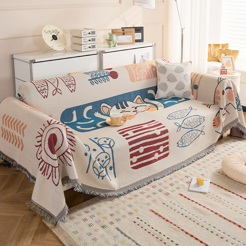 Boho Sofa Cover - Reversible Polyester Throw with Fringe