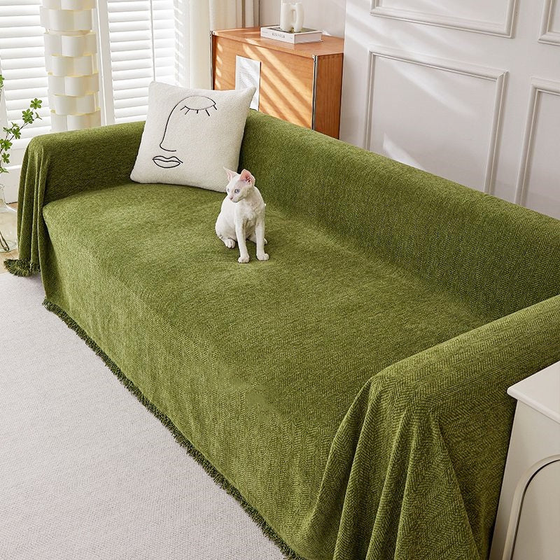 Resistant Chenille Sofa Cover - Herringbone Design with Tassels