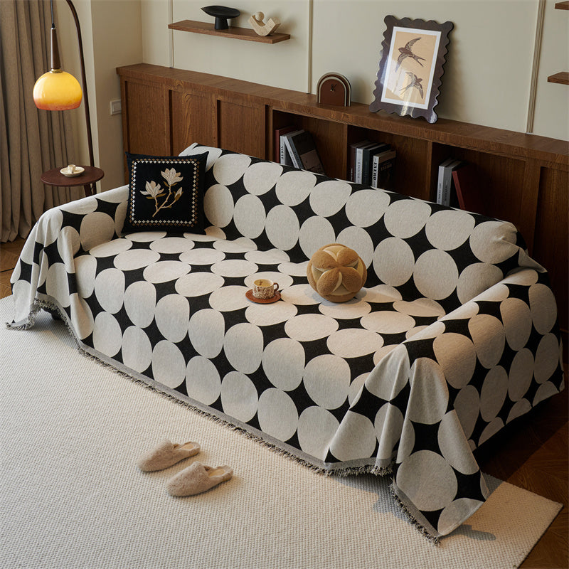 Reversible Chenille Sofa Cover - Geometric Fringed Throw