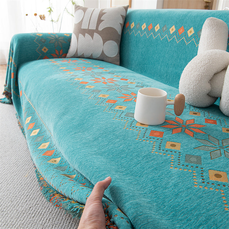 Reversible Chenille Sofa Cover - Boho Fringed Furniture Throw