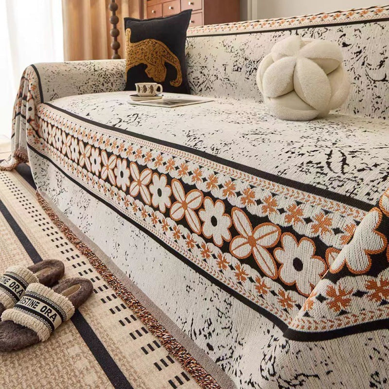 Chenille Sofa Throw Cover - Floral Jacquard with Tassels