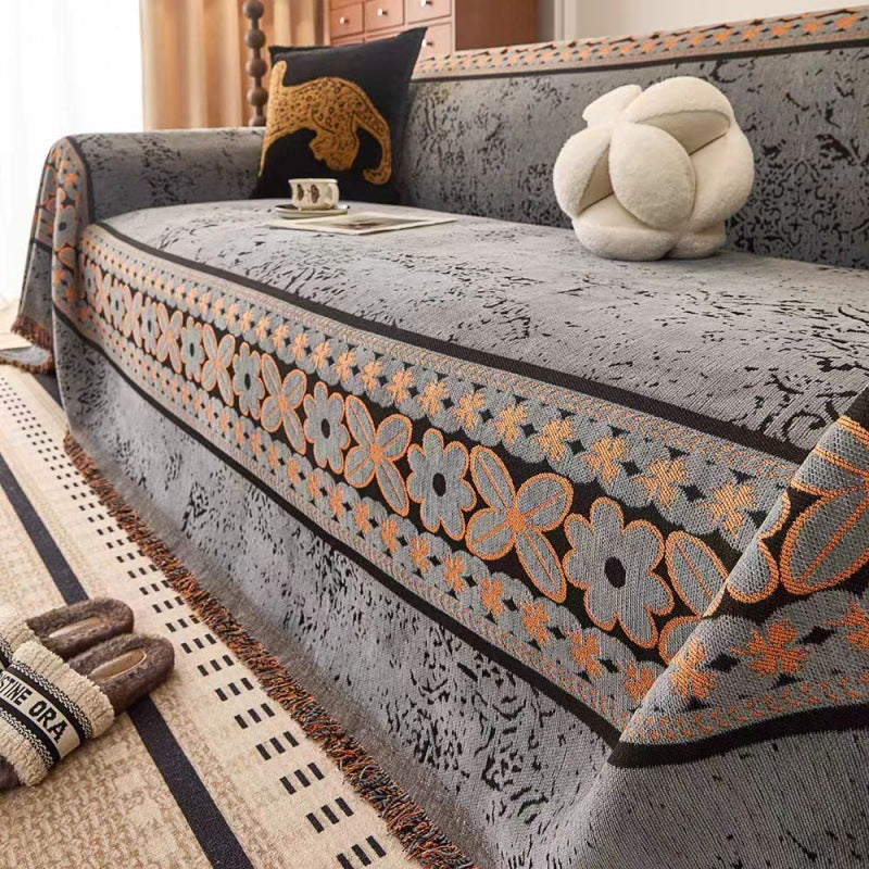 Chenille Sofa Throw Cover - Floral Jacquard with Tassels