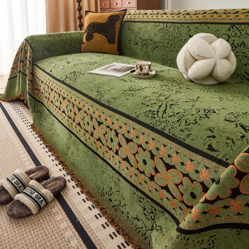 Chenille Sofa Throw Cover - Floral Jacquard with Tassels