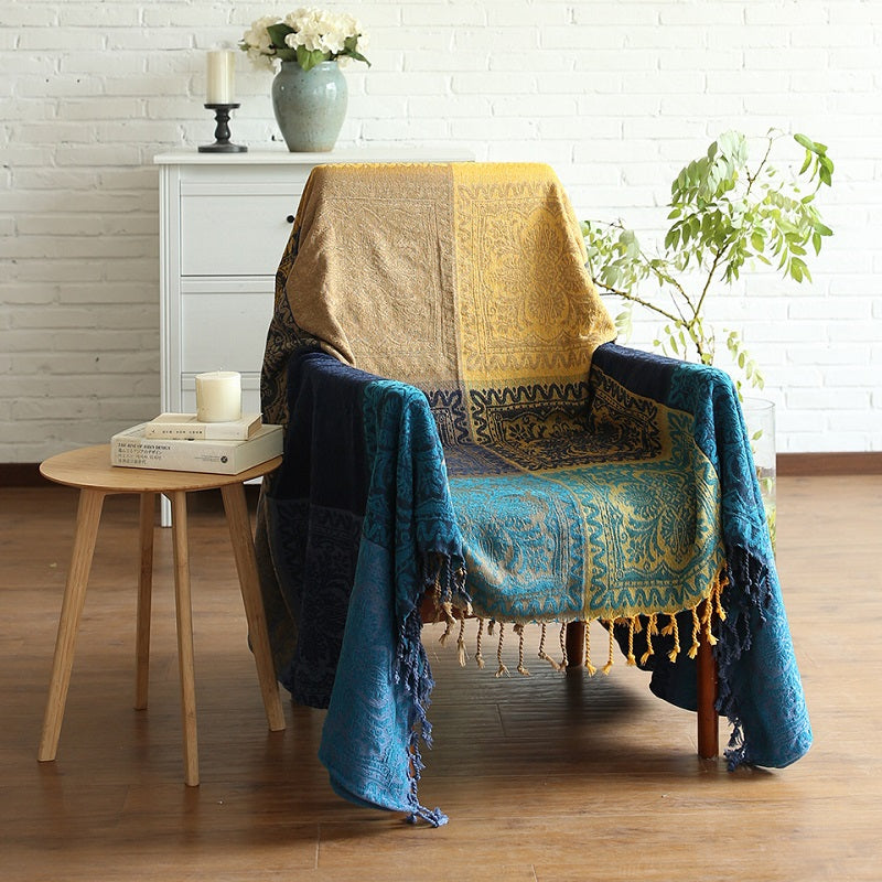 Bohemian Chenille Throw Blanket - Jacquard Pattern with Fringe