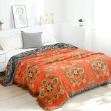 Bohemian Cotton Throw Blanket - Reversible Floral Design with Fringe