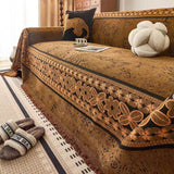 Chenille Sofa Throw Cover - Floral Jacquard with Tassels