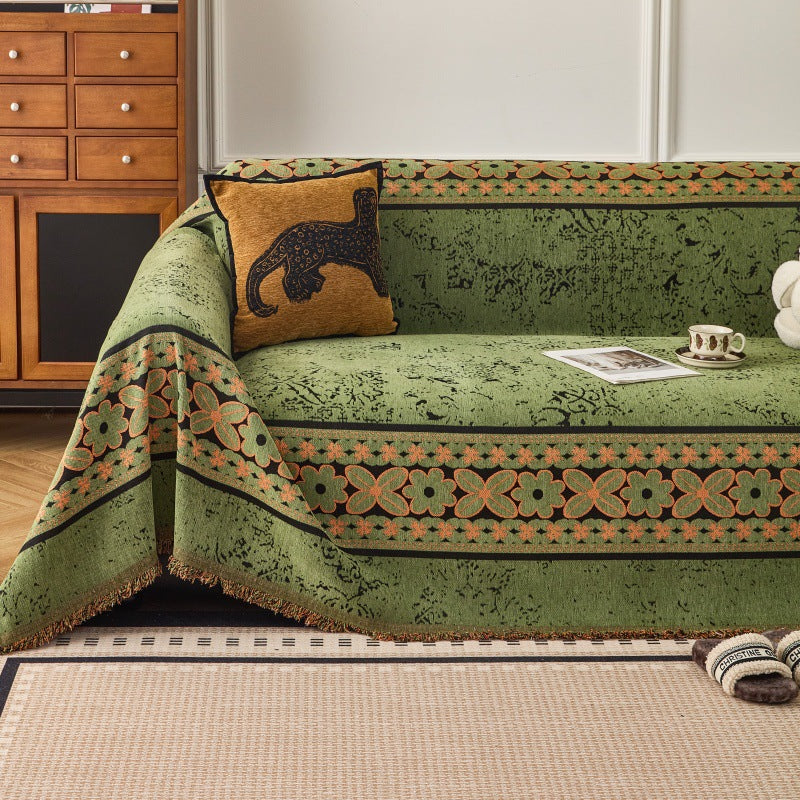 Chenille Sofa Throw Cover - Floral Jacquard with Tassels