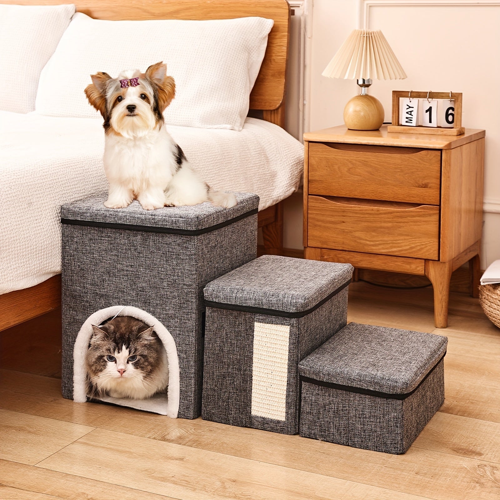 Foldable Three-Step Pet Stairs With Rest Area and Storage