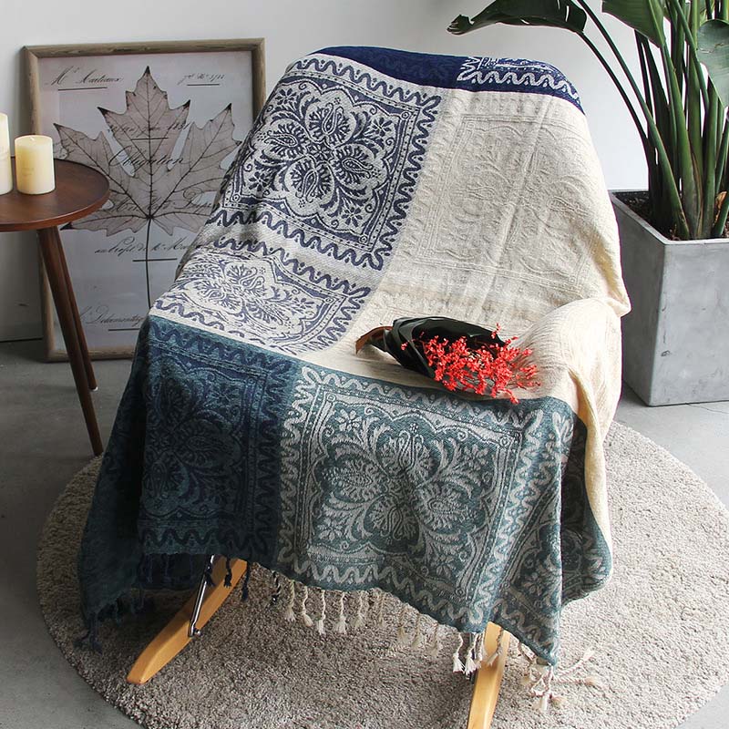 Bohemian Chenille Throw Blanket - Jacquard Pattern with Fringe