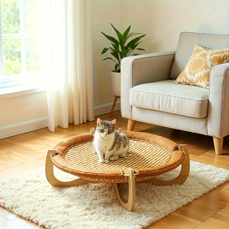Elevated Wood and Rattan Pet Bed With Washable Cooling Mat
