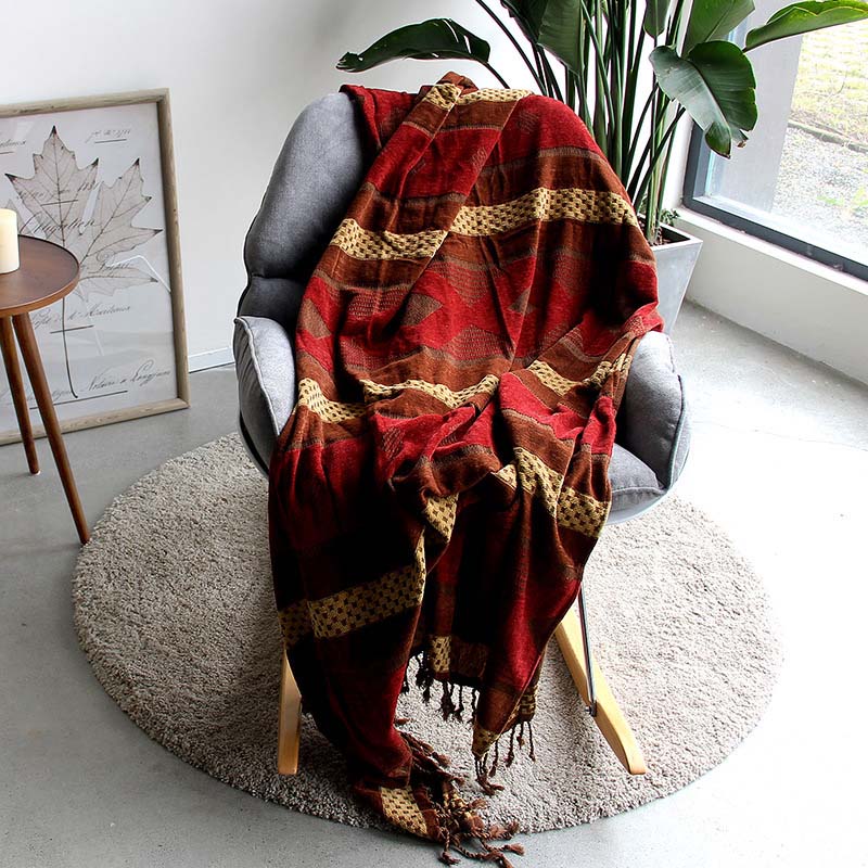 Bohemian Chenille Throw Blanket - Jacquard Pattern with Fringe