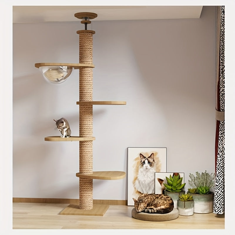 Modern Multi-Level Cat Tree of Pine Wood with Hanging Bed