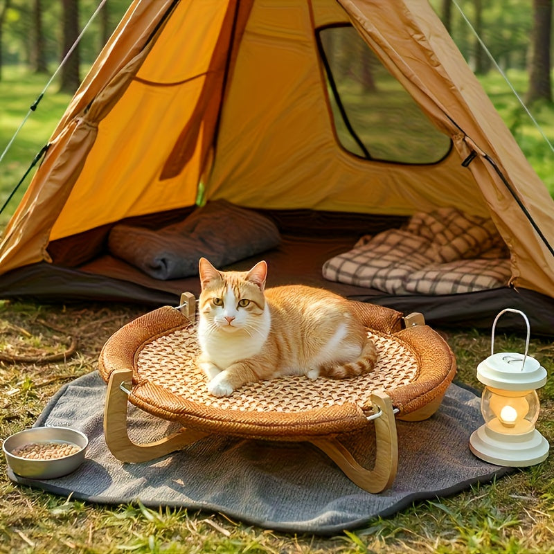Elevated Wood and Rattan Pet Bed With Washable Cooling Mat