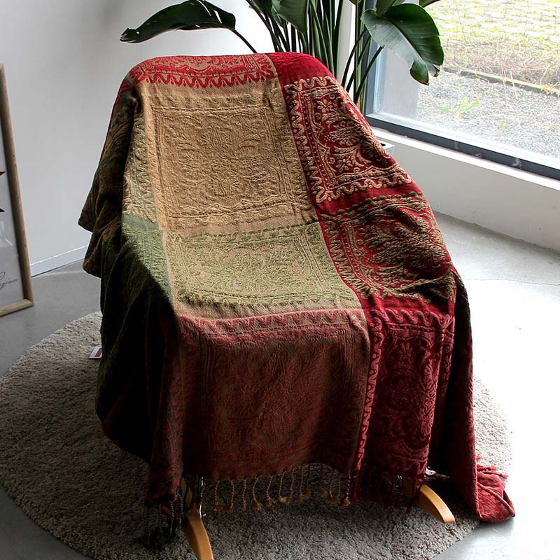 Bohemian Chenille Throw Blanket - Jacquard Pattern with Fringe