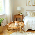 Elevated Wood and Rattan Pet Bed With Washable Cooling Mat