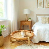 Elevated Wood and Rattan Pet Bed With Washable Cooling Mat