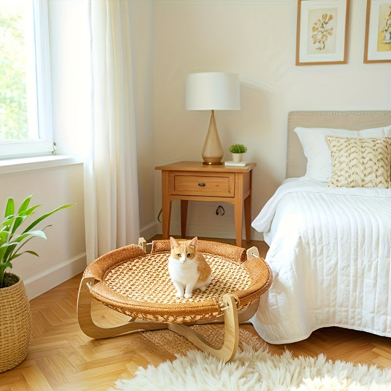 Elevated Wood and Rattan Pet Bed With Washable Cooling Mat