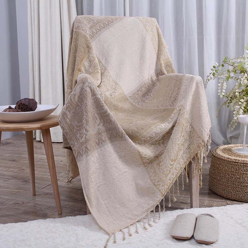 Bohemian Chenille Throw Blanket - Jacquard Pattern with Fringe